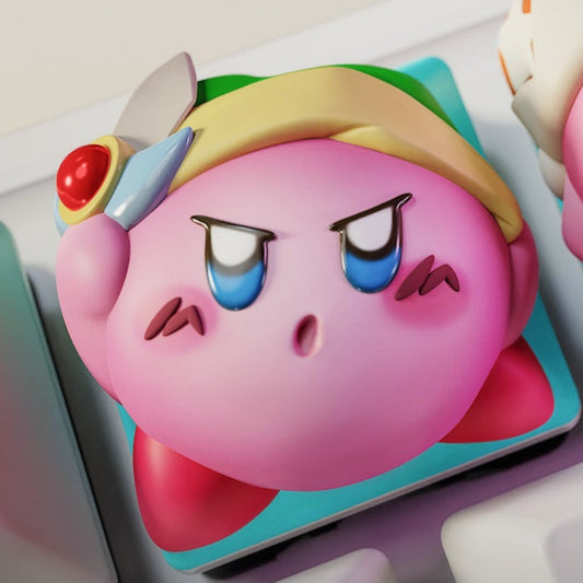 Sword Kirby artisan keycap with determined face and blade headband on mechanical keyboard key