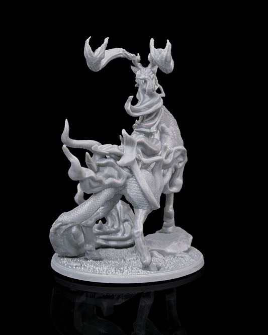 Kirin miniature rear view showing antlered celestial beast with flowing energy tendrils and detailed muscular body on rocky terrain base.