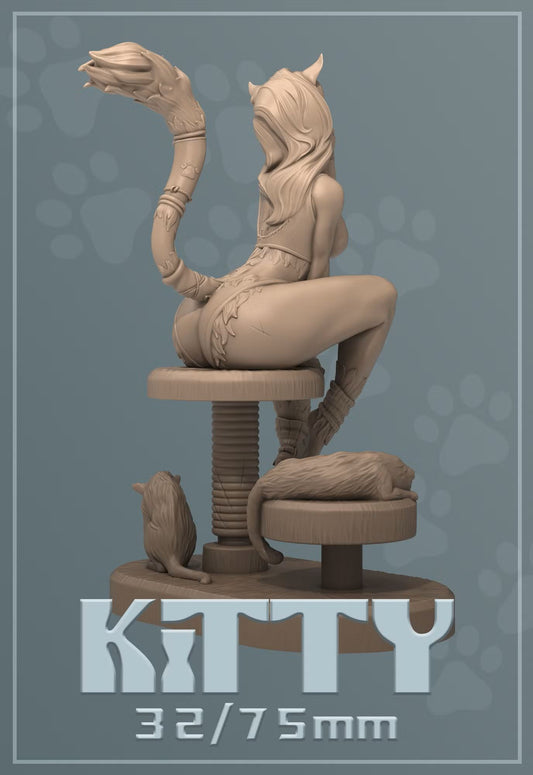 A feline-inspired humanoid figure with cat ears, a long furry tail, and a revealing tribal outfit, crouching on a cat tower. Small cat-like creatures rest and groom nearby.