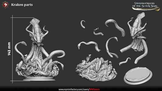 Kraken sea monster miniature parts featuring massive cephalopod horror with armored head, writhing tentacles, wave-swept base, modular components, fantasy sea monster miniature