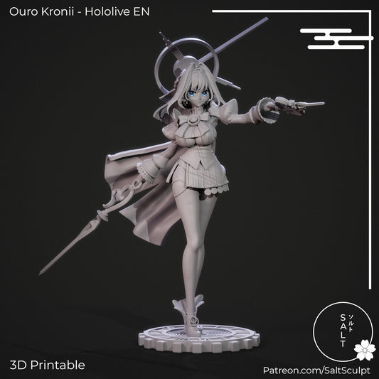 Front view of Ouro Kronii figure posed pointing forward, wearing a short dress, cape, and clock halo.