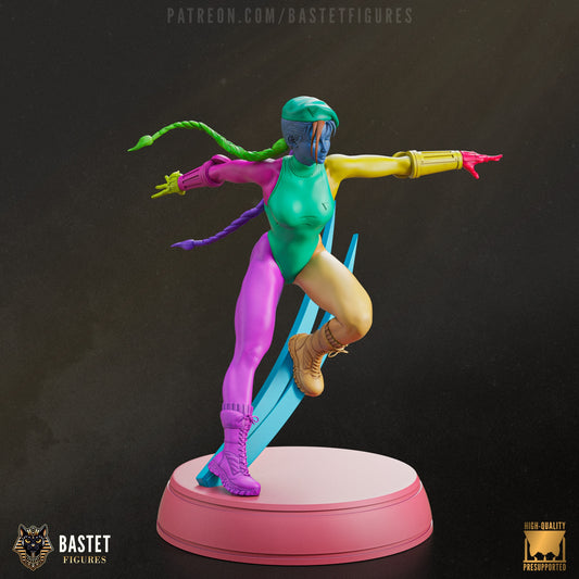 Fully assembled colorized Cammy posed dynamically with one foot on the slash arc, ready to strike.