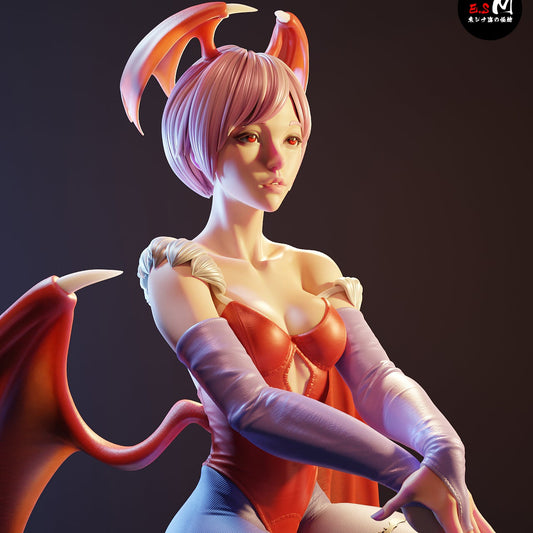 Lilith Aensland Darkstalkers collectible figure close-up front detail showing bodysuit, gloves, wings, and seated pose.