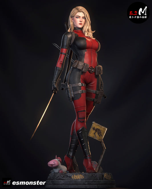 Lady Deadpool 1:6 scale painted figure SFW version with full suit torso, unmasked blonde hair, tactical pouches, holsters, dual katanas, and themed base with creature figure.