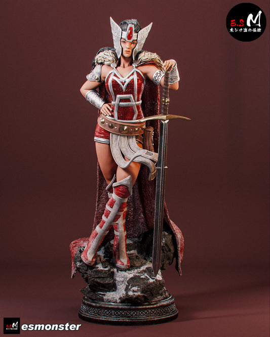 Painted Lady Sif 1:6 scale collectible figure posed with sword and Asgardian armor on a rocky base, front view.