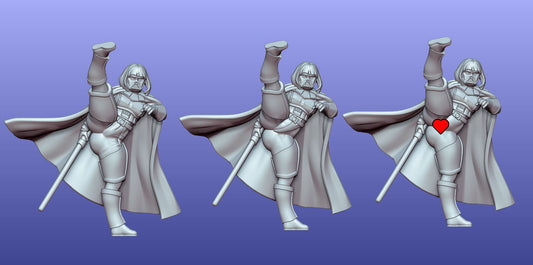 Lady Valdra, Dark Lord variant, showcasing a high kick, gripping her weapon at her side, clad in sci-fi-inspired armor and a cape.