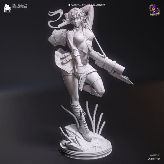 Front view of unpainted Lady figure in mid-stride pose, holding pistol and massive launcher, standing on tentacle-littered rubble.