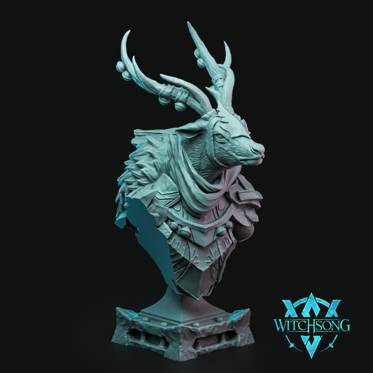 A regal bust of Vixen, featuring adorned antlers, a layered winter cloak, and intricate seasonal armor with ornate detailing.