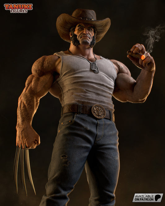 Close-up of Logan's face with cowboy hat, emphasizing detailed facial hair and expression.