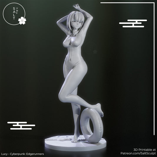 Unpainted Lucy Cyberpunk Edgerunners figure front view showing bikini anatomy pose arms raised and sculpted details