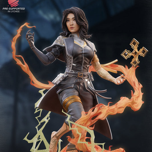 Full-color render of Lune - Expedition 33 featuring intricate textures, glowing orange ribbons, and a floating gold cross in her right hand, hair swept dramatically mid-motion.