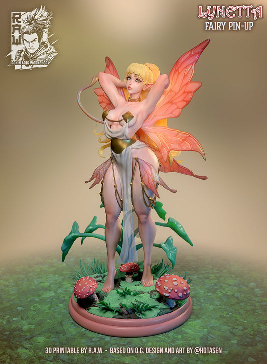 Lynetta standing gracefully with butterfly-like wings, wearing an elegant flowing outfit, surrounded by mushrooms and greenery.