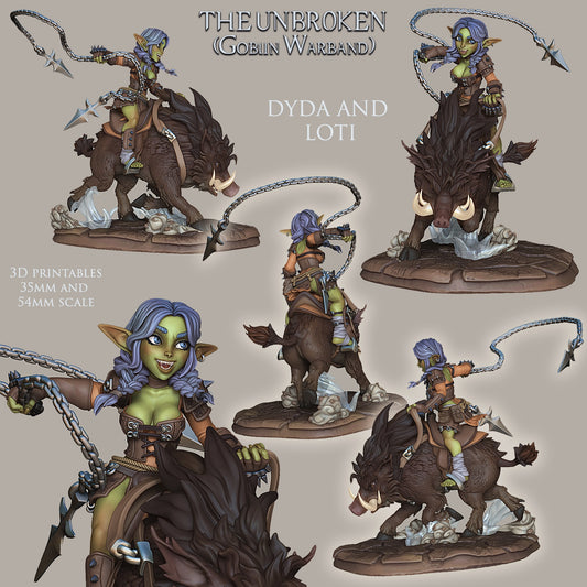 Dyda riding Loti, her armored battle boar, wielding a barbed chain whip with a confident grin.