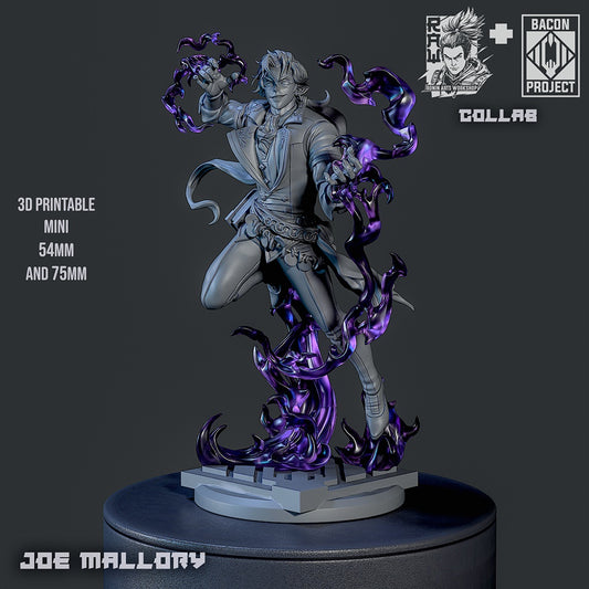 Gray render of Joe Mallory, highlighting sculpt details, including his ornate vest, dynamic cape, and magical energy effects.