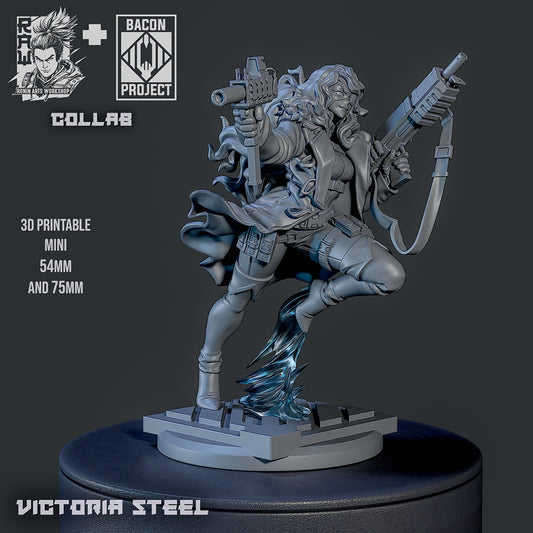 Gray render of Victoria Steel, highlighting the intricate sculpted details of her coat, weapons, and dynamic stance.