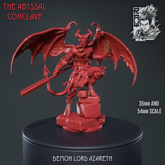 Unpainted Demon Lord Azareth model featuring detailed wings, muscular form, and weapon design on a stone base.