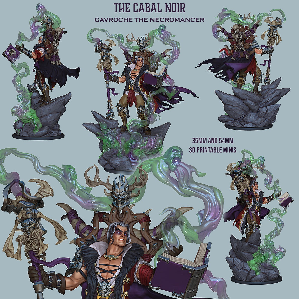 Gavroche the Necromancer miniature shown from multiple angles, necromancer mage with flowing cloak, spellbook, staff, and ghostly undead summons, fantasy boss character