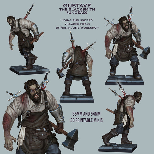 Gustave the Blacksmith undead NPC miniature shown from multiple angles, zombie blacksmith with damaged clothing, exposed flesh, and raised hammer, horror fantasy villager character