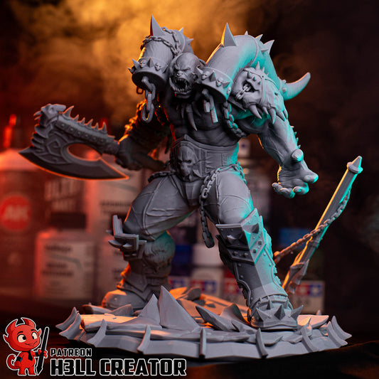 Front view of Garrosh Hellscream figurine holding massive axe, clad in spiked armor, and standing in a powerful, battle-ready pose inspired by Warcraft’s infamous orc warchief.