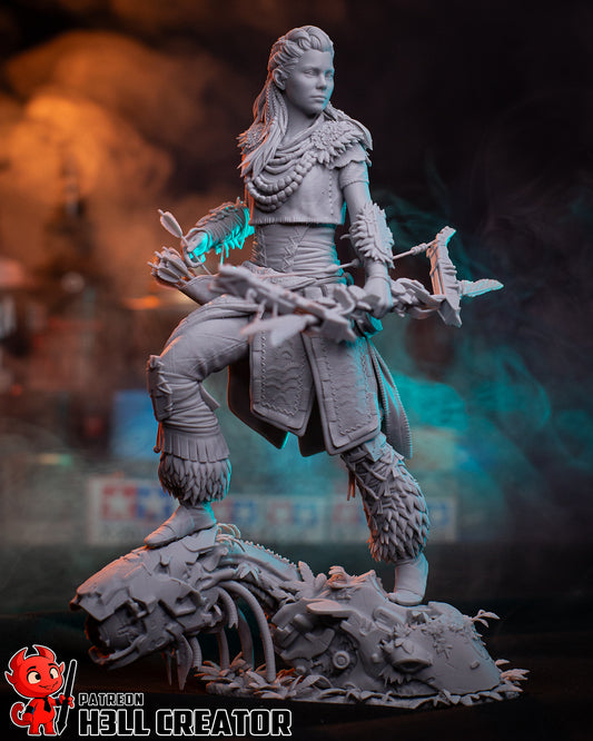 Aloy front view collectible statue with bow raised, standing over mechanical beast remains – Horizon Series 1:8 scale.