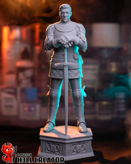 Front view of unpainted Henry Kingdom Come: Deliverance 1:8 scale statue showing knight pose with sword tip resting on pedestal base.