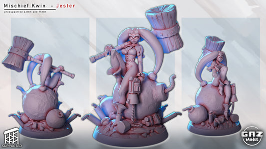 Unpainted version of Mischief Kwin miniature showing sculpt details and base with scattered explosives.