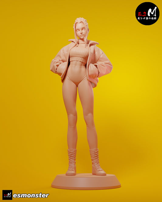 Monkey King 1:6 scale figure unpainted full body front pose with jacket, crop top, high-waisted shorts, boots, and display base