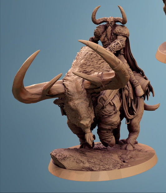 Vargir Frosthorn rider leaning forward, gripping reins and shield across his fur armor.