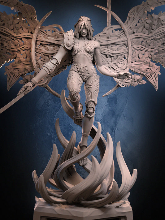 Malenia Elden Ring boss miniature front angle emphasizing airborne pose and blade-ready stance