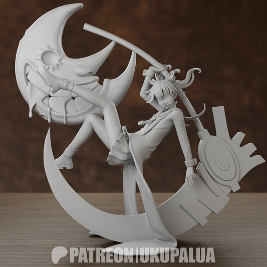 Maka Albarn 1:8 scale grayscale render from behind, standing atop a moon base with scythe and coat flowing