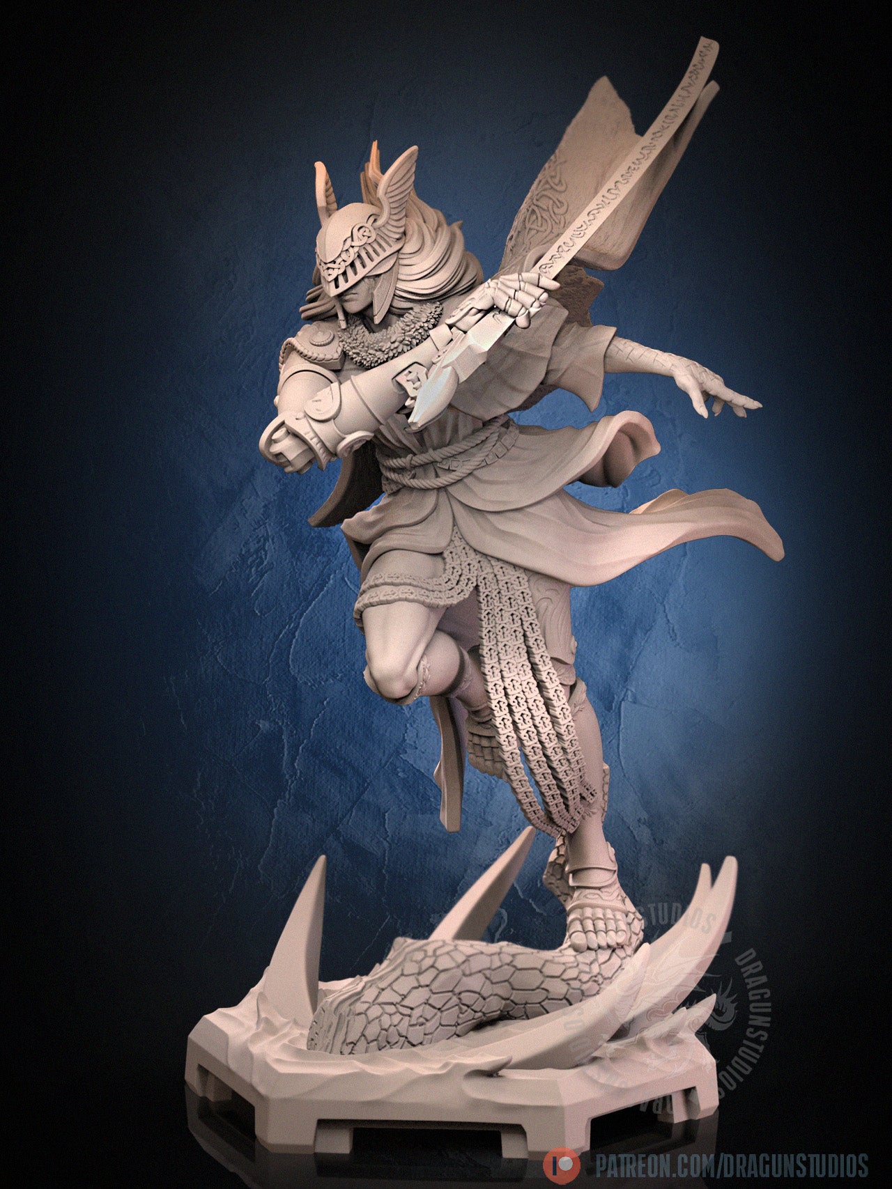 Malenia inspired miniature front render showing female swordmaster in layered robes, winged helm, flowing cape, curved sword raised mid-strike, standing on a sculpted thorn-base; works for fantasy tabletop games like Dungeons and Dragons.