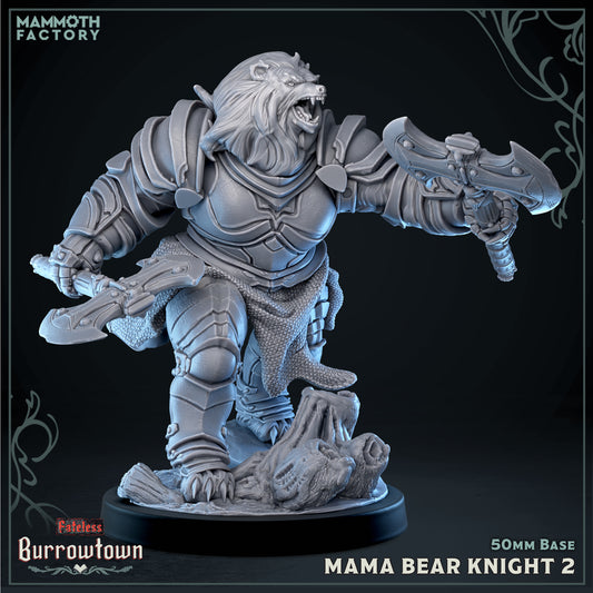 Anthropomorphic bear knight miniature charging with dual axes, wearing heavy armor and cloak, aggressive battle stance bearfolk fighter for Dungeons and Dragons Pathfinder tabletop RPG.
