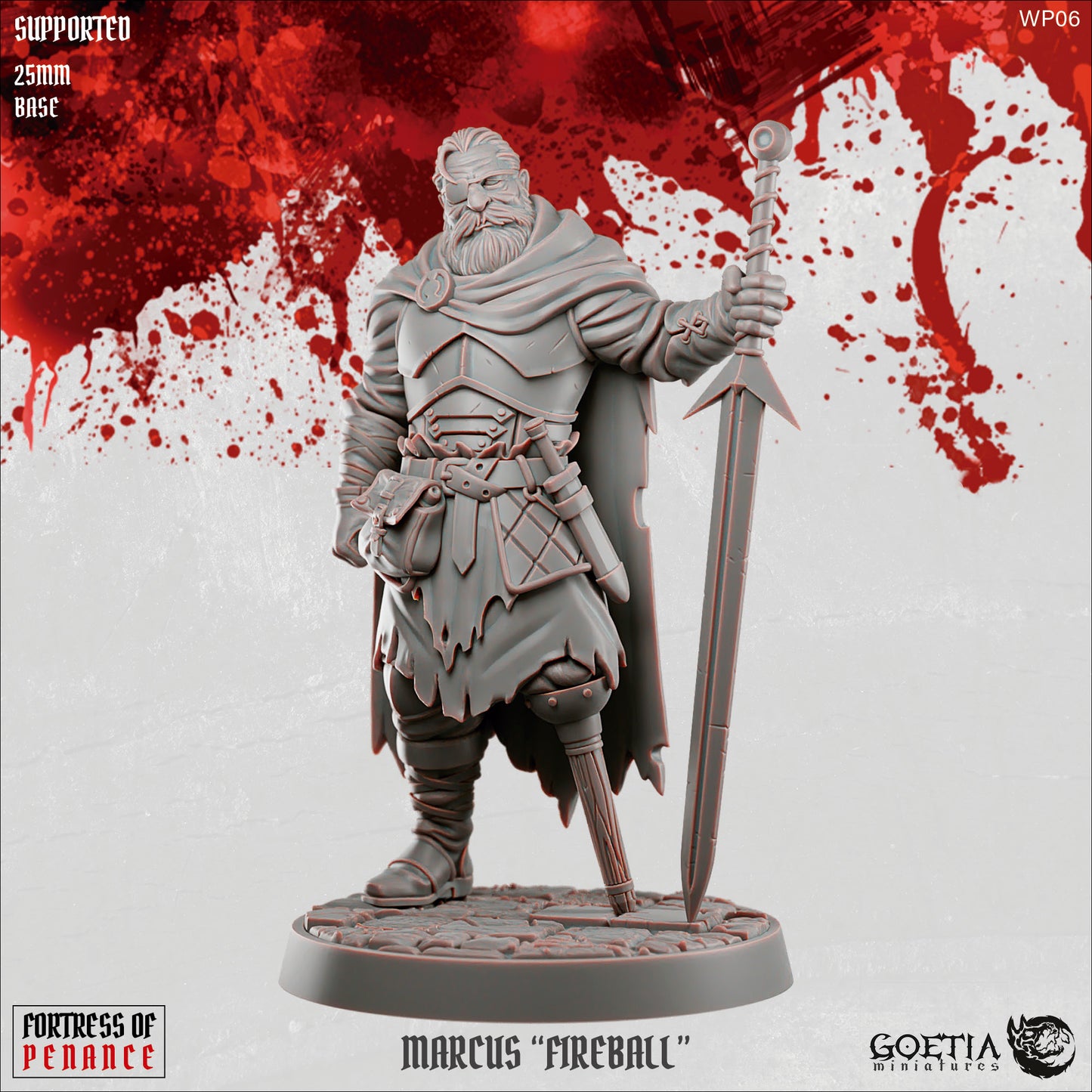 Marcus Fireball humanoid fighter miniature from Fortress of Penance wearing layered armor and a tattered cloak, holding a greatsword planted into the ground, bearded warrior posed on a cracked stone base, grimdark Dungeons and Dragons tabletop miniature