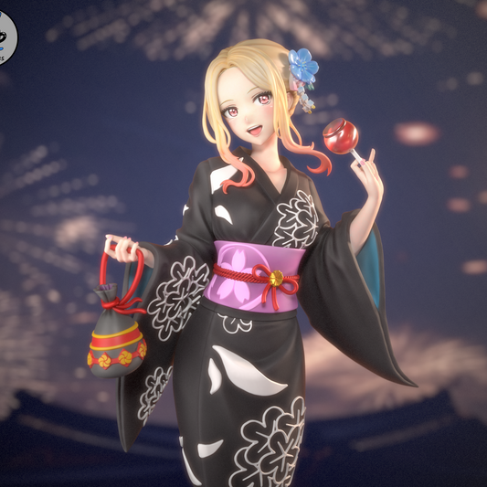 Rendered colored image of Marin Kitagawa in black yukata with floral patterns, candy apple, and pouch, posed with a smile against a firework backdrop.
