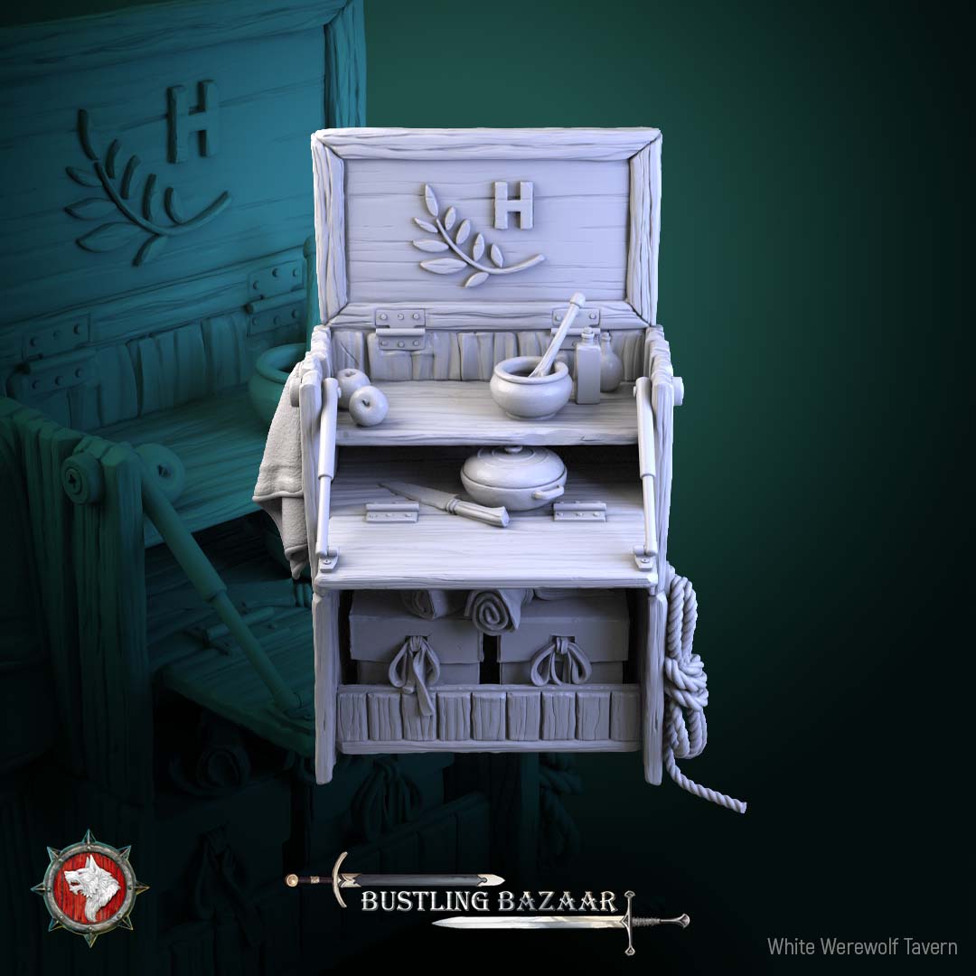 fantasy market stall terrain with shelves crates rope bottles herbalist shop for tabletop rpg