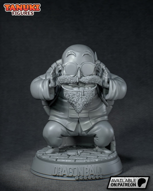 Front view of unpainted Chibi Master Roshi figure crouched with hands raised near ears, sunglasses on, standing on a Dragon Ball-themed base.