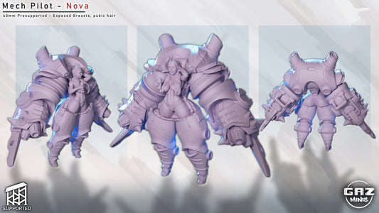 Multiple 3D model components of Mech Pilot Pinup Luna, including variations of the pilot and the mechanical suit parts.