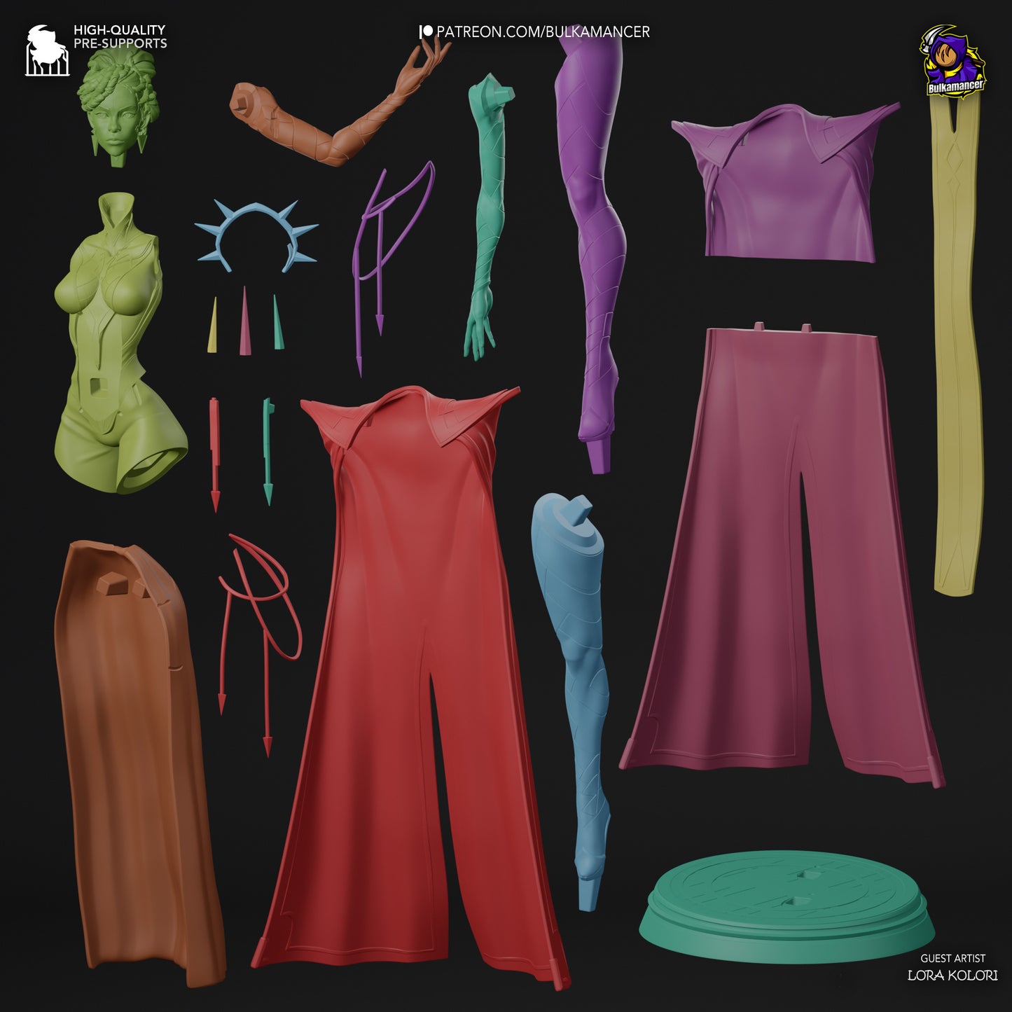 A breakdown of the model's individual pieces, highlighting the layered cloak, arms, and accessories.