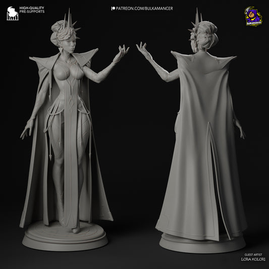 A regal figure of Mel Medara, adorned in a black and gold flowing gown with intricate geometric designs, her arms raised in a poised gesture.