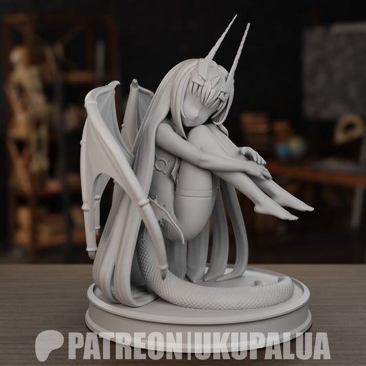 Mélusine unpainted figure from front view with arms wrapped around legs, dragon wings extended, and long sculpted hair falling around the base