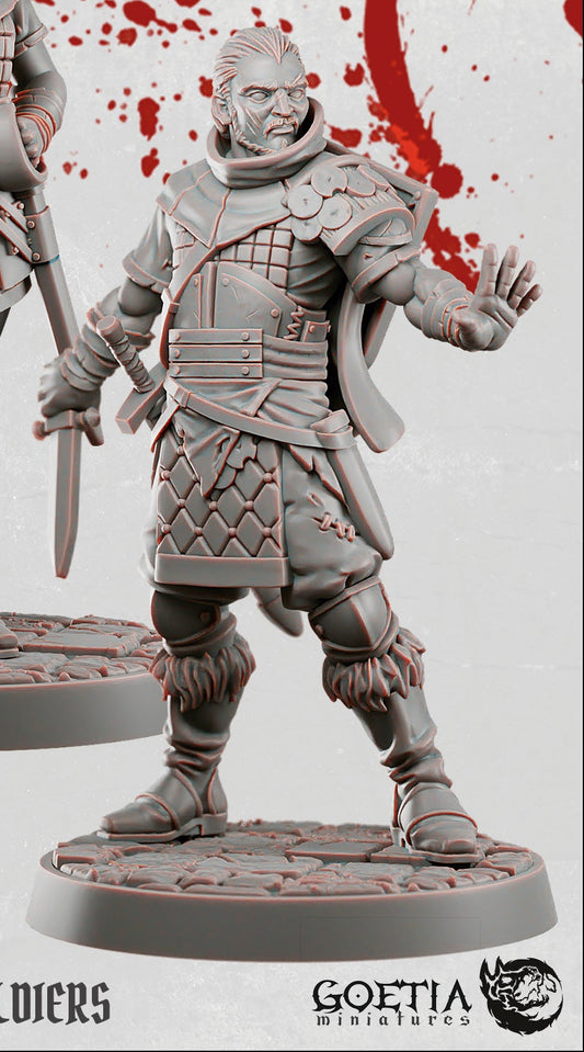Mercenary Soldier of Ivrean humanoid fighter miniature from Fortress of Penance wearing layered armor and carrying a short sword, disciplined warrior posed defensively on a cracked stone base, grimdark Dungeons and Dragons tabletop miniature