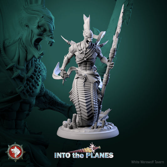 Merfolk miniature in battle stance wielding a spear with finned armor