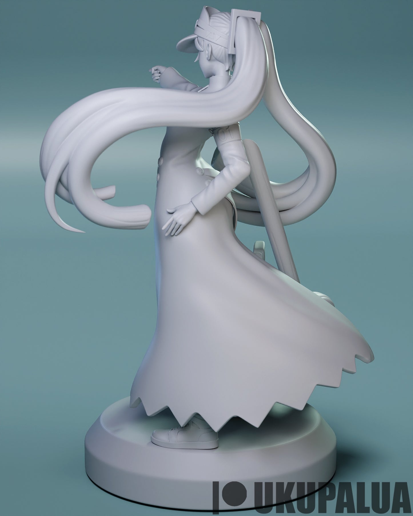 Hatsune Miku x SirFetch’d grayscale model back view, showing twin tails, long coat, and circular base
