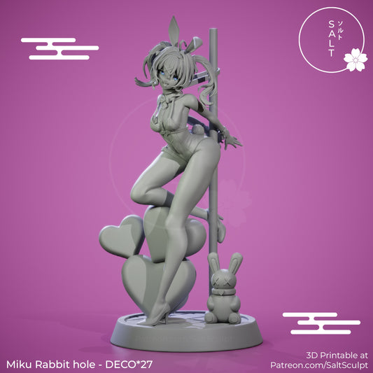 Grey clay render of Rabbit Hole Miku vTuber figure posed on hearts with pole and bunny mascot, showing unsculpted fishnet version.