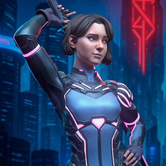 Colored render of Mio in cyberpunk armor with short hair and a katana raised, neon-lit city in background.