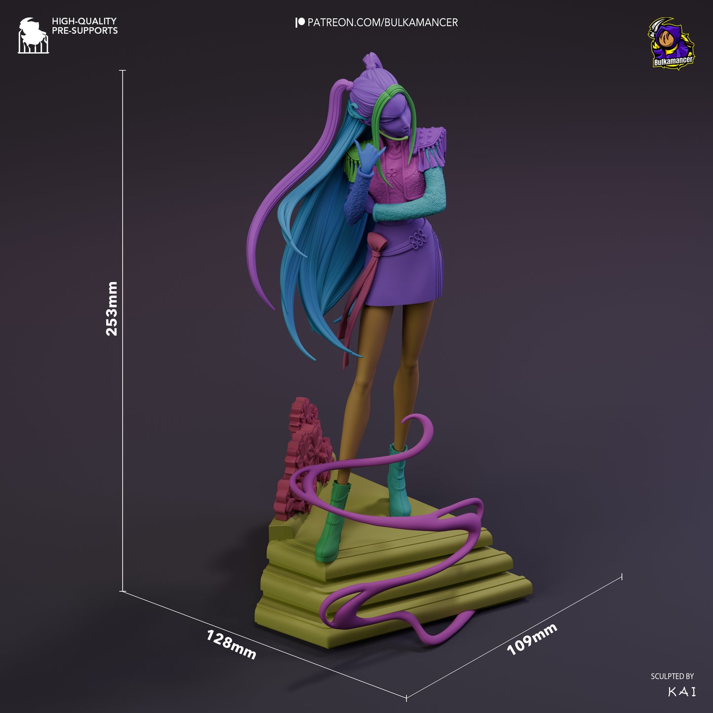 Mira K-Pop Demon Hunters dimension render showing 253mm height and layered staircase base with dynamic pose.
