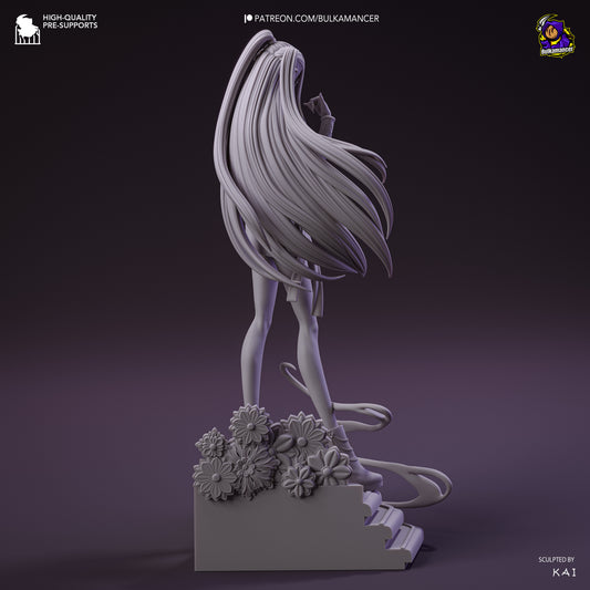 Mira K-Pop Demon Hunters figure rear angle in grayscale render showcasing long hair sculpt and floral base details.