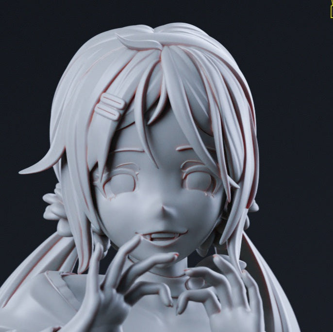 Close-up of Mita’s head with an alternate expression featuring an open-mouth smile, finely sculpted hair strands, and detailed facial structure.