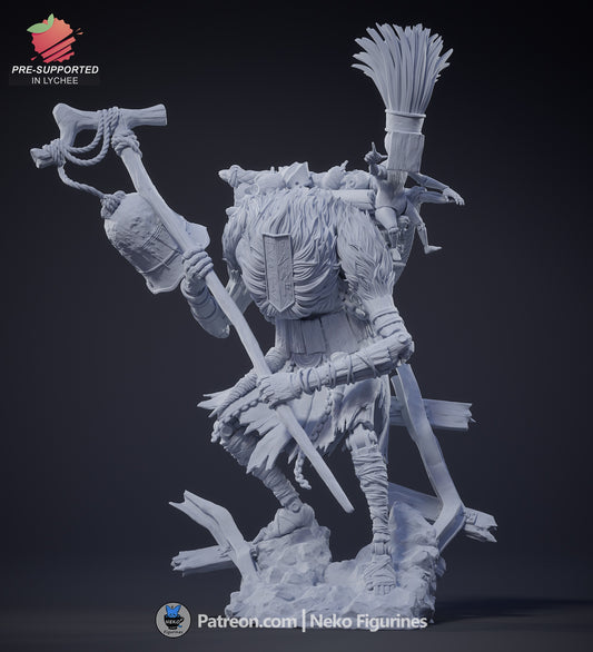 Monoco Expedition 33 figure front view showing ritual mask, lantern staff, wood bundle, and detailed tattered clothing on rocky base.