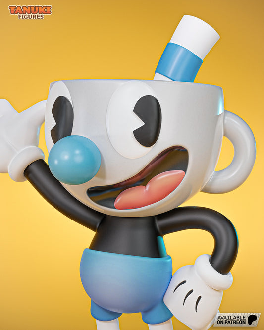 A detailed close-up of Mugman’s cheerful expression, featuring his round eyes, blue nose, and signature straw sticking out of his cup head.